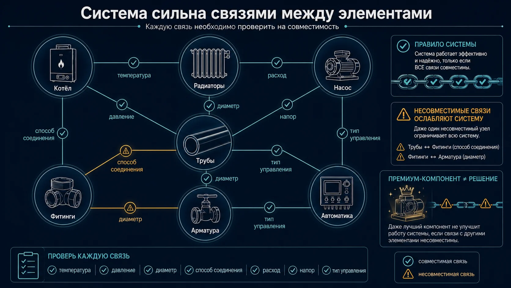 Совместимость котла, радиаторов, труб, фитингов, насоса, арматуры и автоматики в инженерной системе